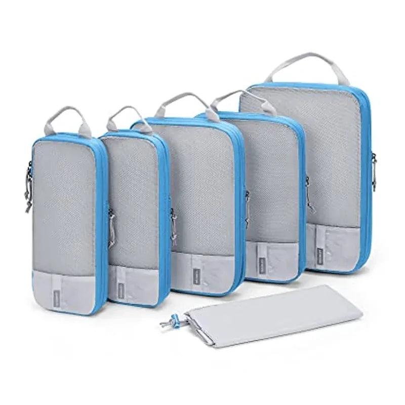 Compression packing cubes for travel in light blue and gray