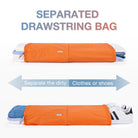 Orange separated drawstring bag for storing clothes and shoes while traveling