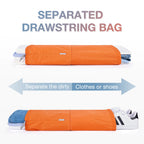 Orange separated drawstring bag for storing clothes and shoes while traveling
