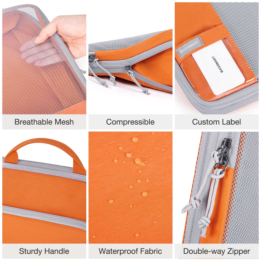 Orange compression packing cubes for travel made of waterproof fabric