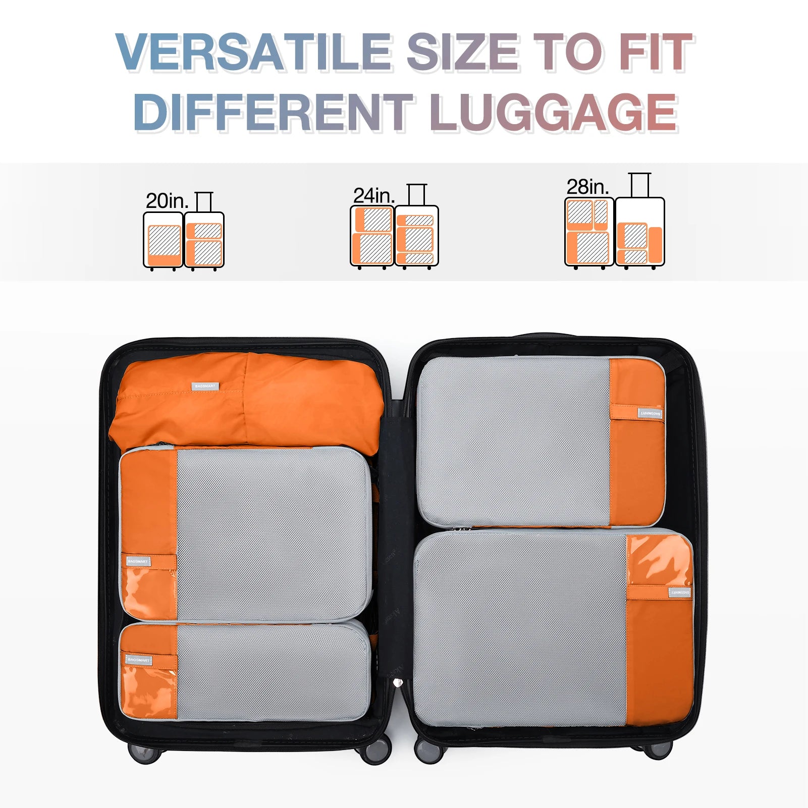Compression packing cubes for travel, gray and orange, fit various luggage sizes