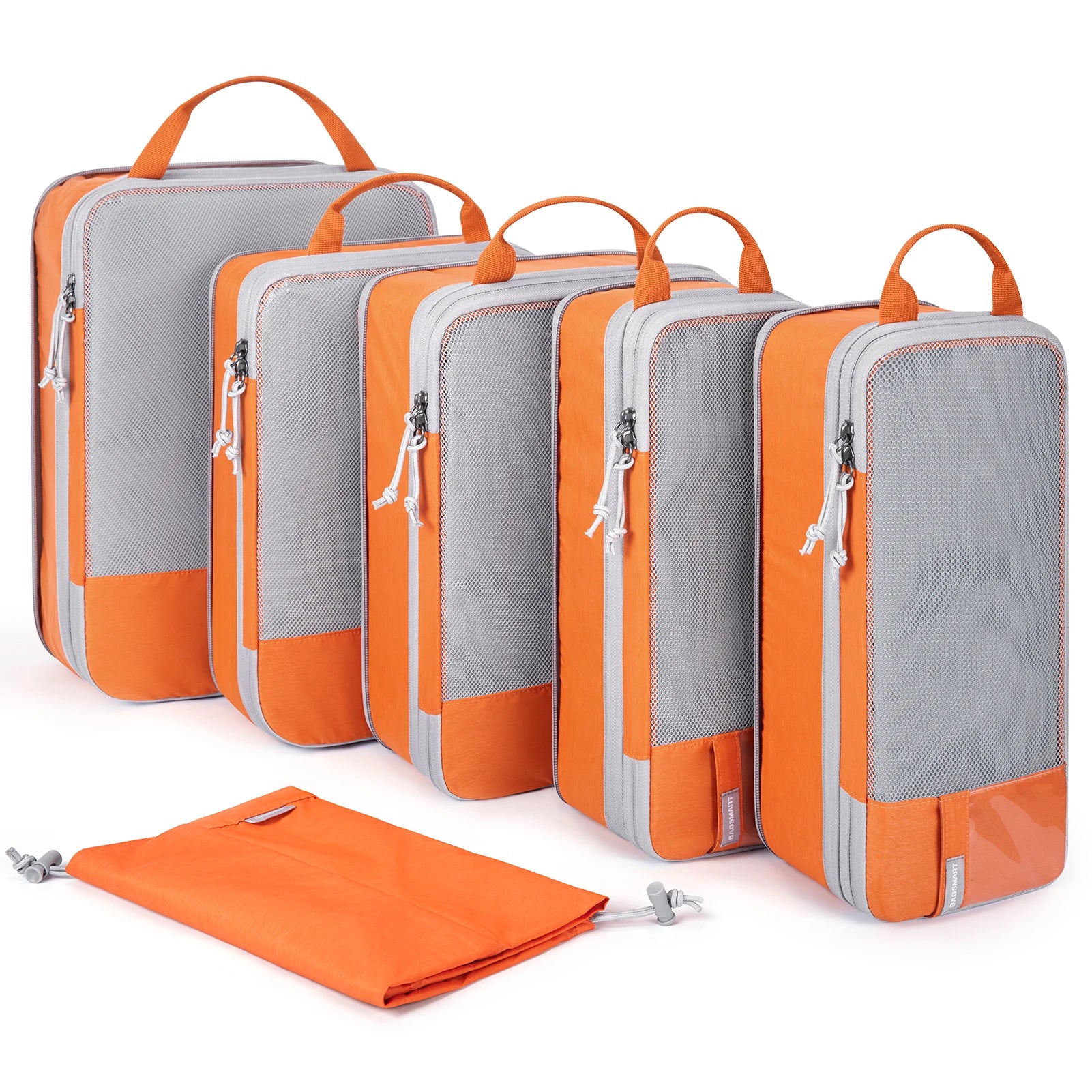 Orange compression packing cubes for travel in various sizes