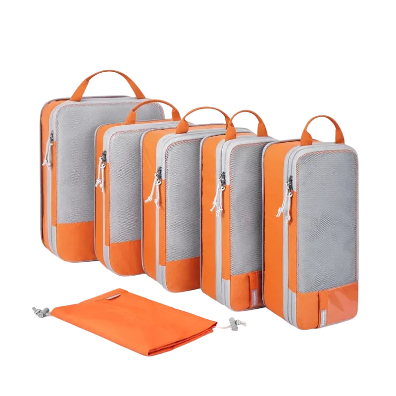 Orange compression packing cubes for travel, durable and space-saving