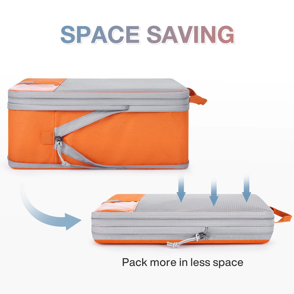 Orange compression packing cubes for travel, durable fabric, space-saving design