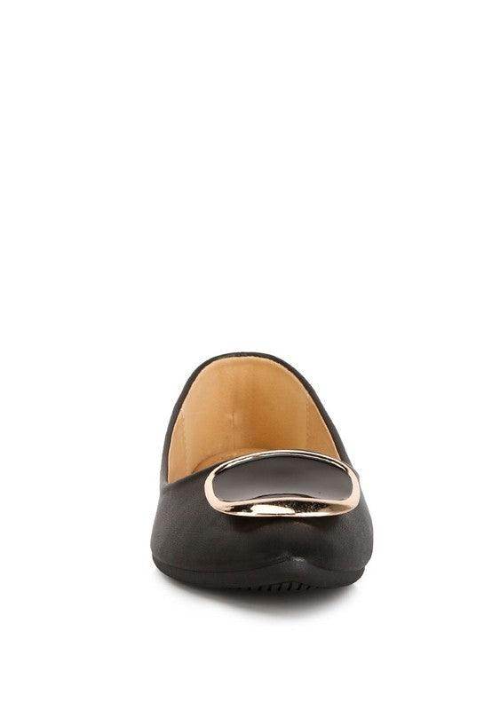 Women's black ballet flats with shiny decorative buckle for everyday wear