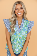 Floral Stripe Patchwork Flutter Sleeve V-Neck Blouse