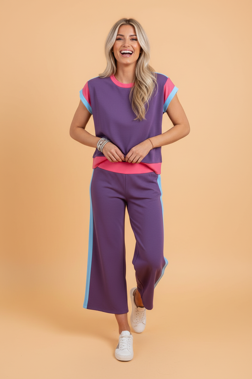 Colorblock Short Sleeve Top & Wide Leg Pants Set