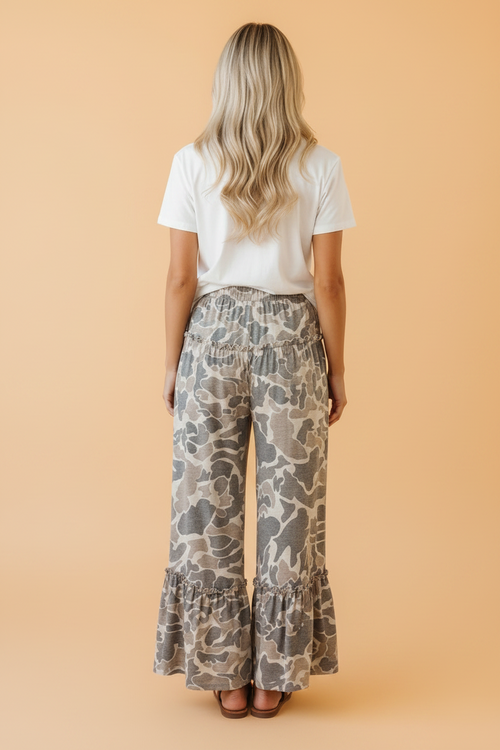 Abstract Leopard Ruffle Tiered Wide Leg Pants