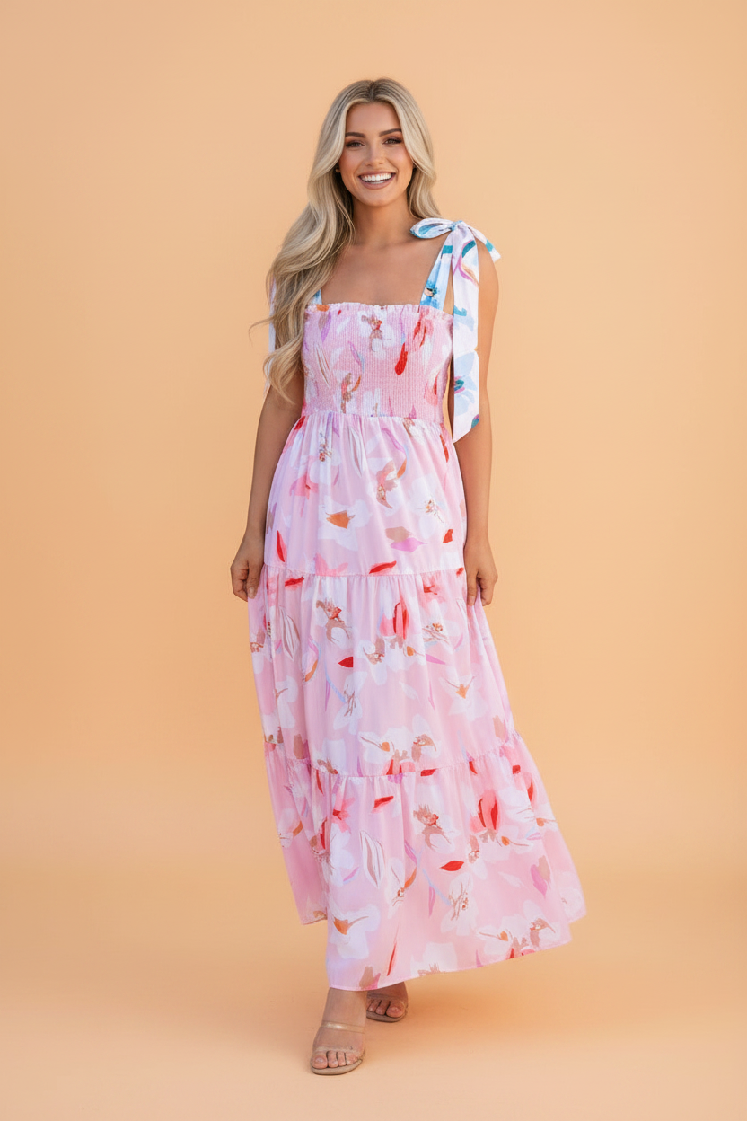 Robe longue smockée à épaules nouées et motif floral