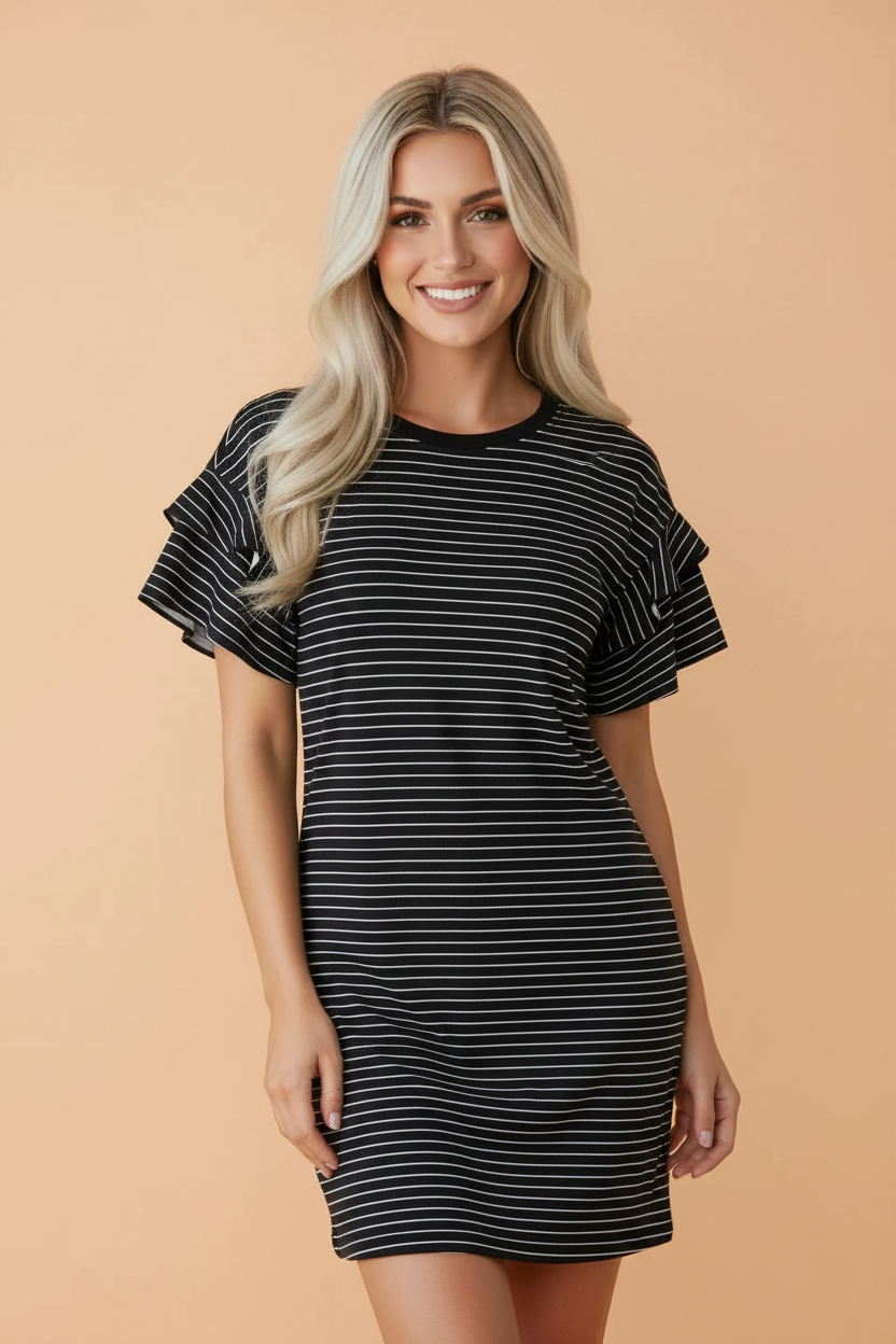 Green Stripe Ruffled Short Sleeve Crew Neck T Shirt Shift Mini Dress