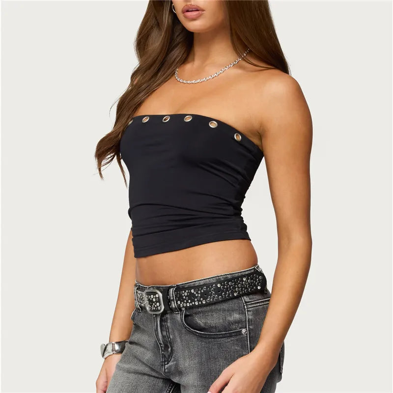 Women's black bandeau top with button accents, perfect for summer outings
