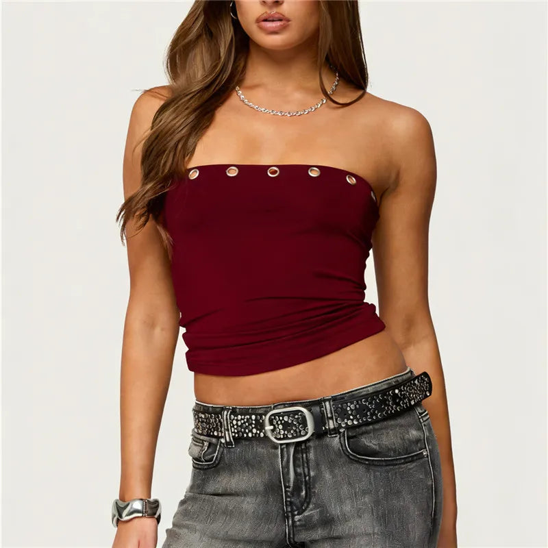 Burgundy bandeau top with decorative buttons, perfect for summer outings