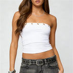 Women's white bandeau top with button details, casual summer style