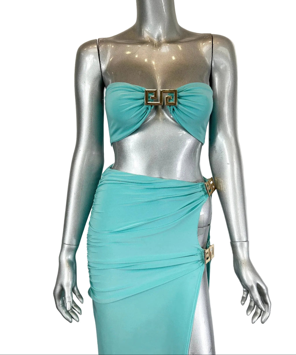 Women's aqua bandeau two-piece skirt set, stylish clubwear for night outings