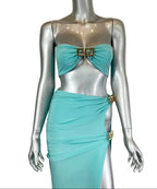 Women's aqua bandeau two-piece skirt set, stylish clubwear for night outings