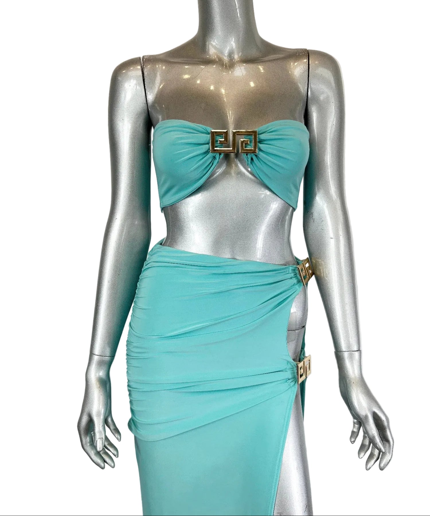 Women's aqua bandeau two-piece skirt set, stylish clubwear for night outings