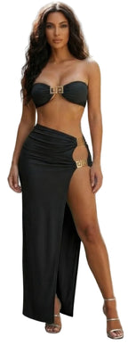 Women's black bandeau two-piece skirt set for summer parties