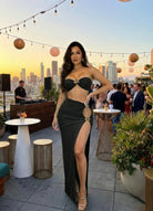 Women's bandeau two-piece skirt set in black, perfect for clubwear