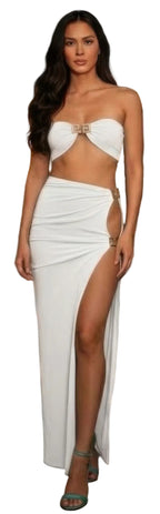 Women's bandeau two-piece skirt set in white, perfect for clubwear