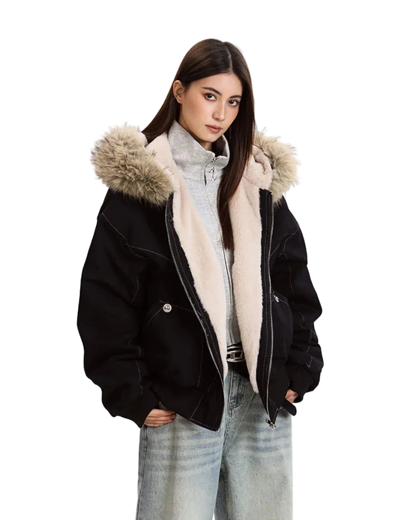 Women's black Barbour jacket padded, warm winter coat with faux fur hood
