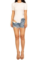VacationGrabs Women's Basic Short Sleeve Bodysuit in White, styled with denim shorts for a casual look