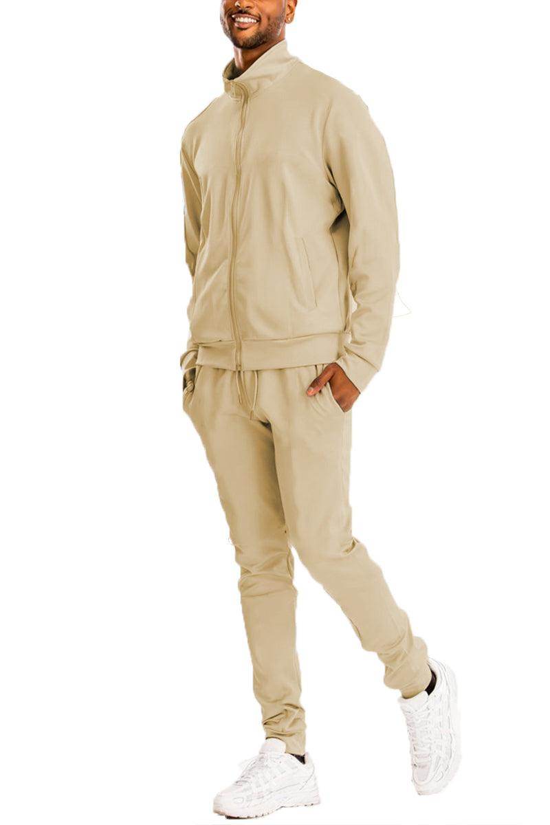 Men's 2PC Track Sets in Beige featuring a basic solid track suit for comfortable casual wear