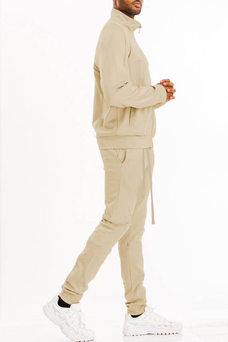 Men's 2PC Track Set in Beige, featuring a basic solid track suit for casual comfort and style