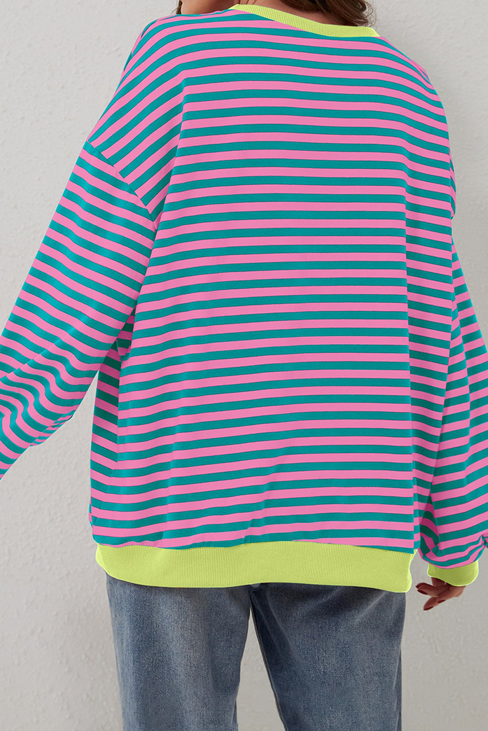 Women's Sweatshirts & HoodiesGreen Stripe Oversized Contrast Trim Pullover Sweatshirt - VacationGrabs