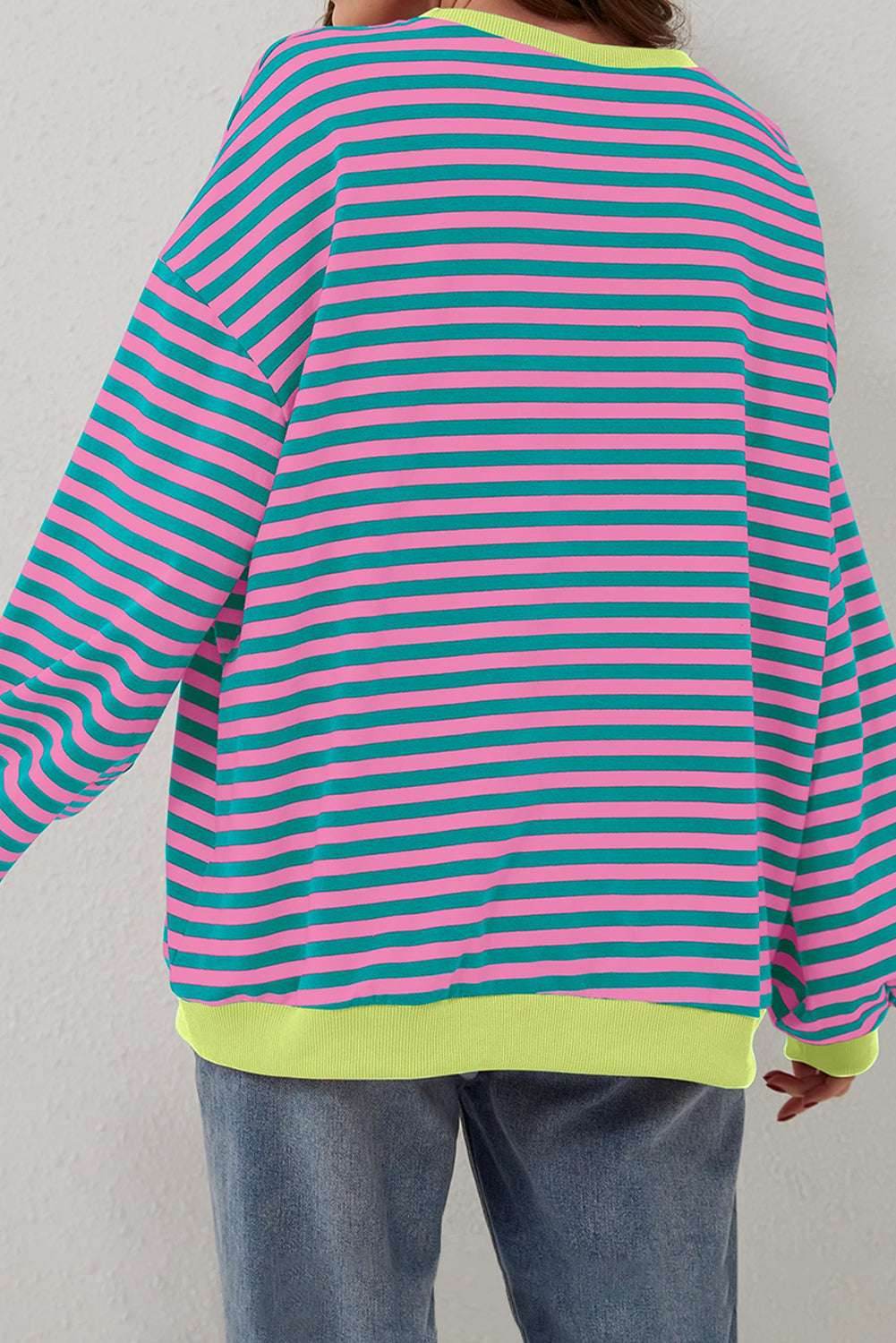 Green Stripe Oversized Contrast Trim Pullover Sweatshirt - VacationGrabs