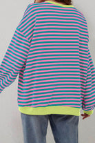 Green Stripe Oversized Contrast Trim Pullover Sweatshirt - VacationGrabs