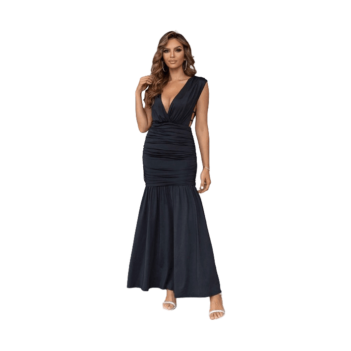 Ruched Plunge Sleeveless Maxi Dress - VacationGrabs