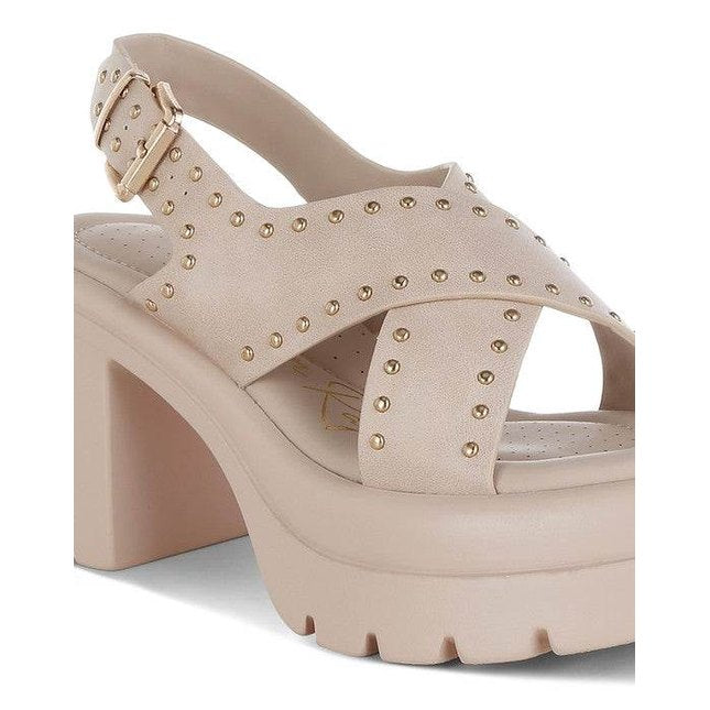Nambo Stud Embellished Block Heel Sandals - VacationGrabs