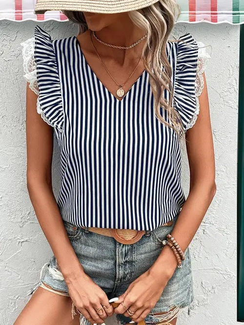Women's Vacation Striped Ruffled Sleeve Top