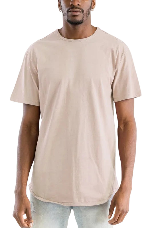 Man wearing a beige t-shirt on a white background