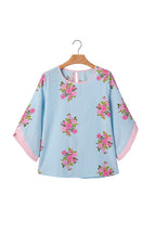 Floral Button Cuffed 3/4 Sleeve Round Neck Blouse