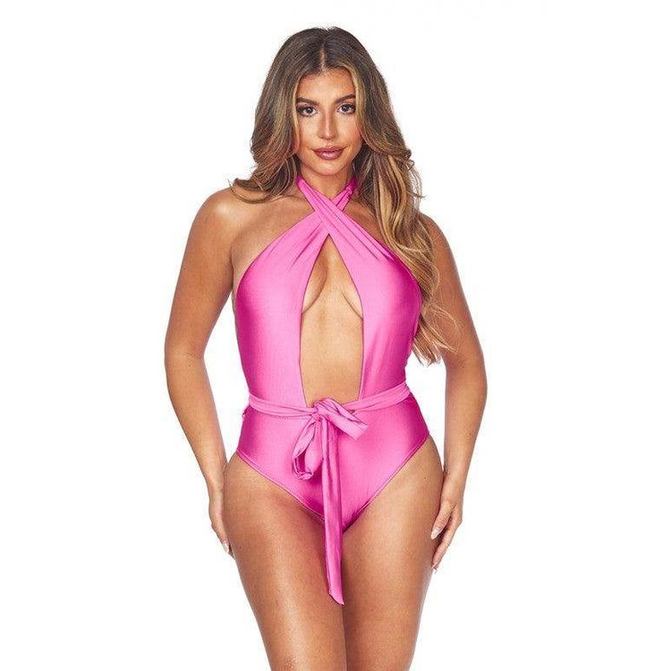 Swimwear - One Piece Criscross Halter Neckline Waist Wrap - VacationGrabs