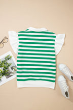Stripe Collar V-Neck Ruffle Short Sleeve Blouse