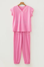 Solid V-Neck Tee & Drawstring Pants Set