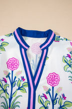 Floral Contrast Stripe Trim Notch Neck Dress