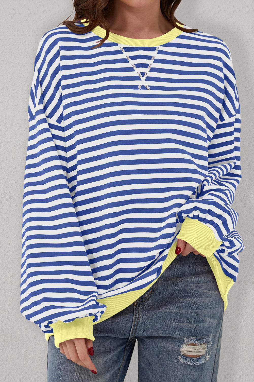 Blue Stripe Oversized Contrast Trim Pullover Sweatshirt - VacationGrabs