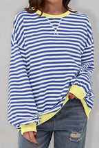Blue Stripe Oversized Contrast Trim Pullover Sweatshirt - VacationGrabs