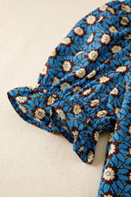 Floral Frilled V-Neck Pleated Puff Sleeve Blouse