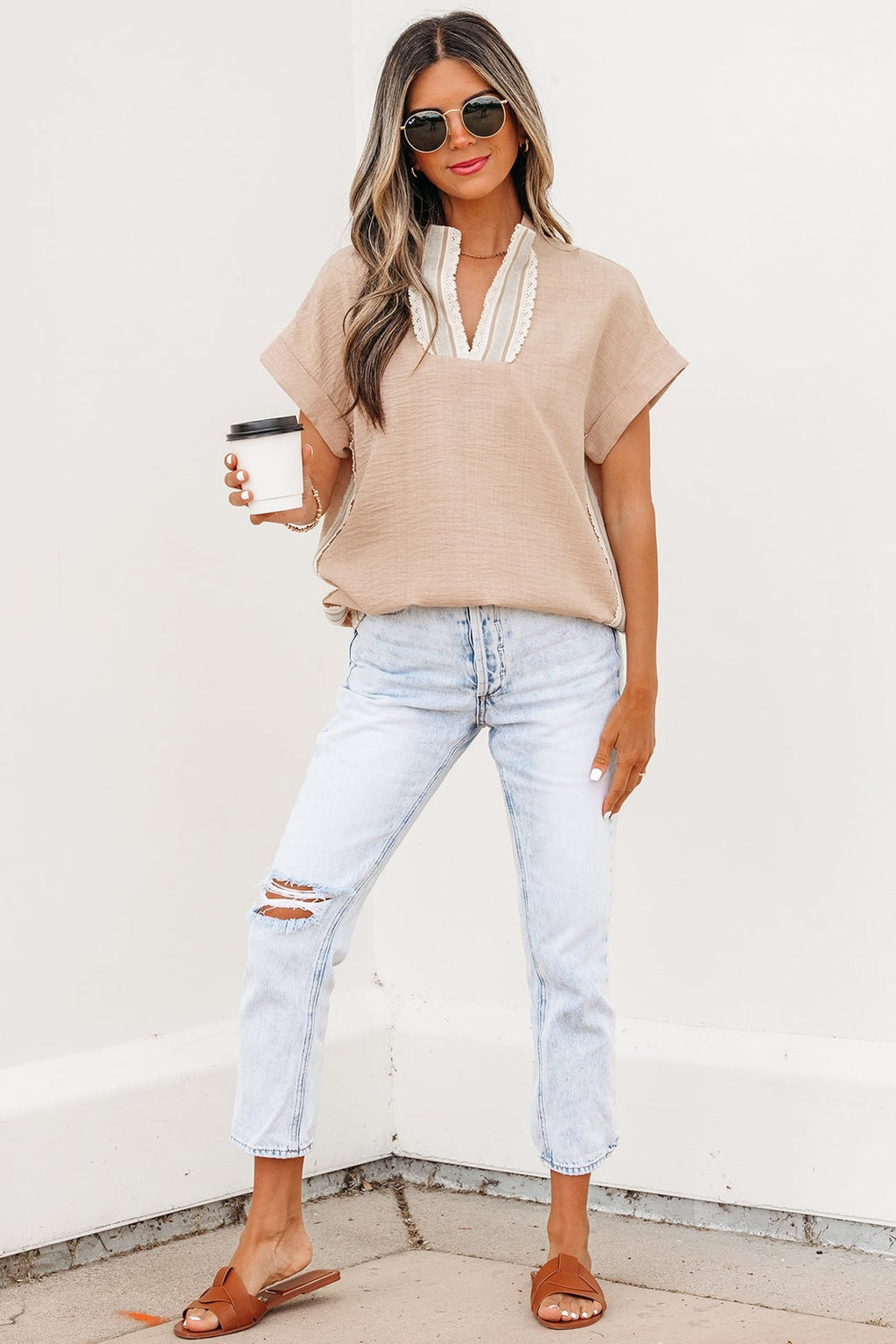 Crochet Lace Trim Rolled Short Sleeve Blouse