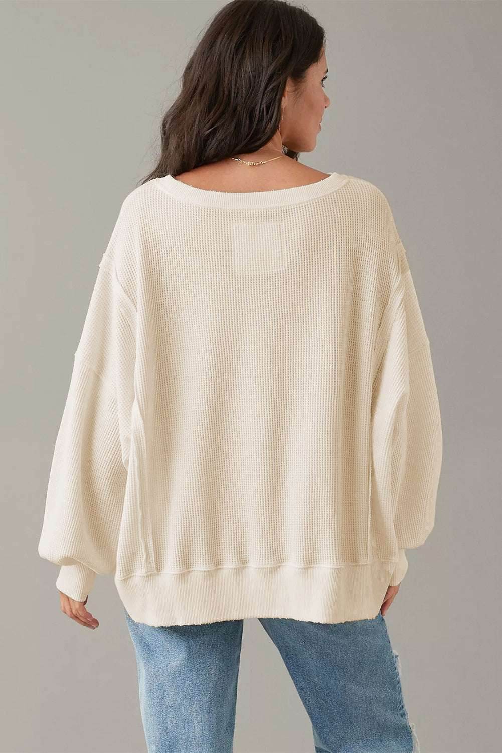 White Waffle knit Bishop Sleeve Split Oversized Top - VacationGrabs