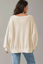 White Waffle knit Bishop Sleeve Split Oversized Top - VacationGrabs