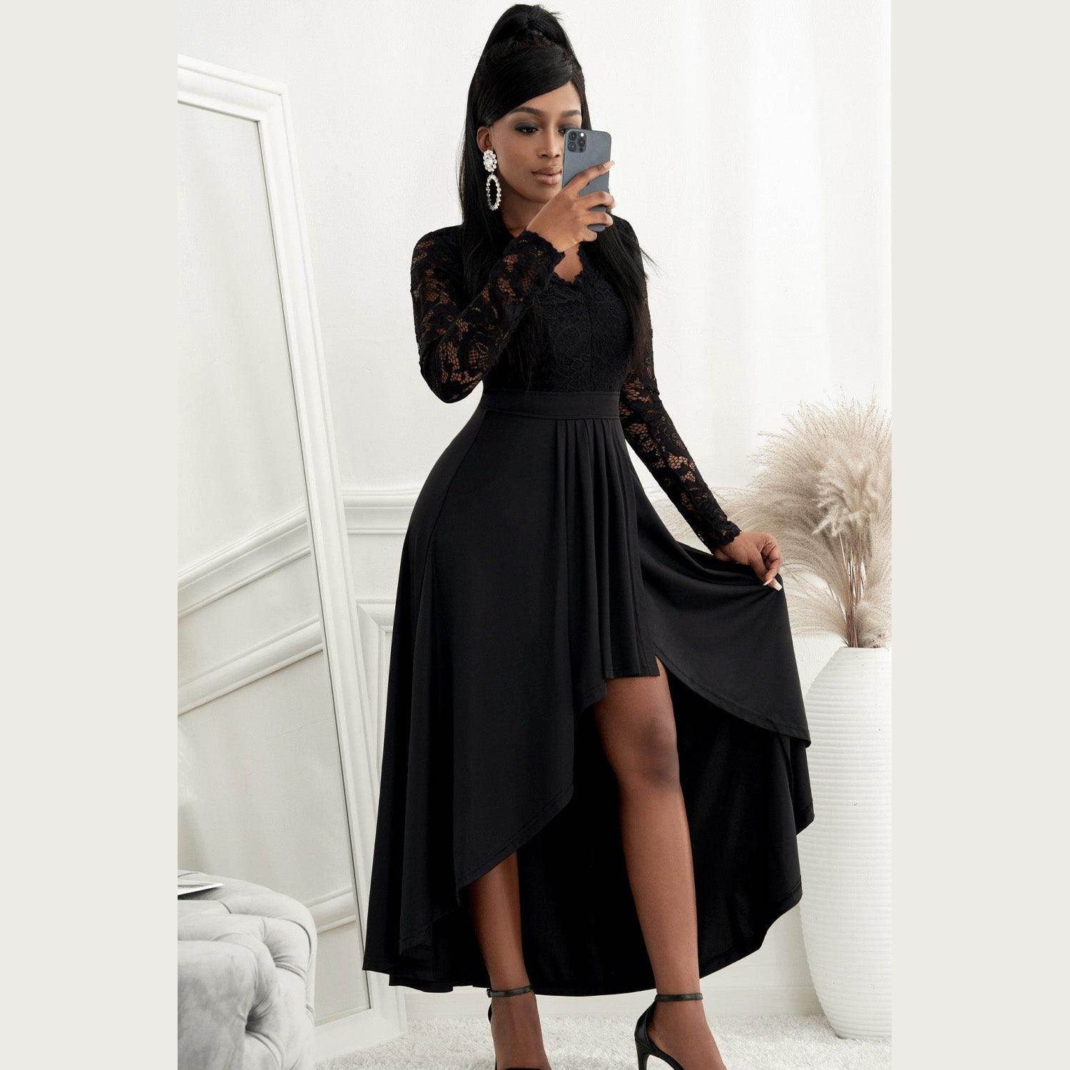 Lace High-Low V-Neck Dress - VacationGrabs