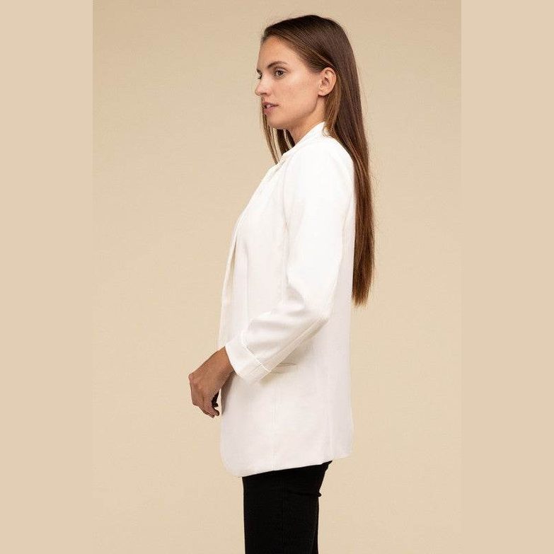 Woven Long Sleeve Open Front Classic Blazer - VacationGrabs