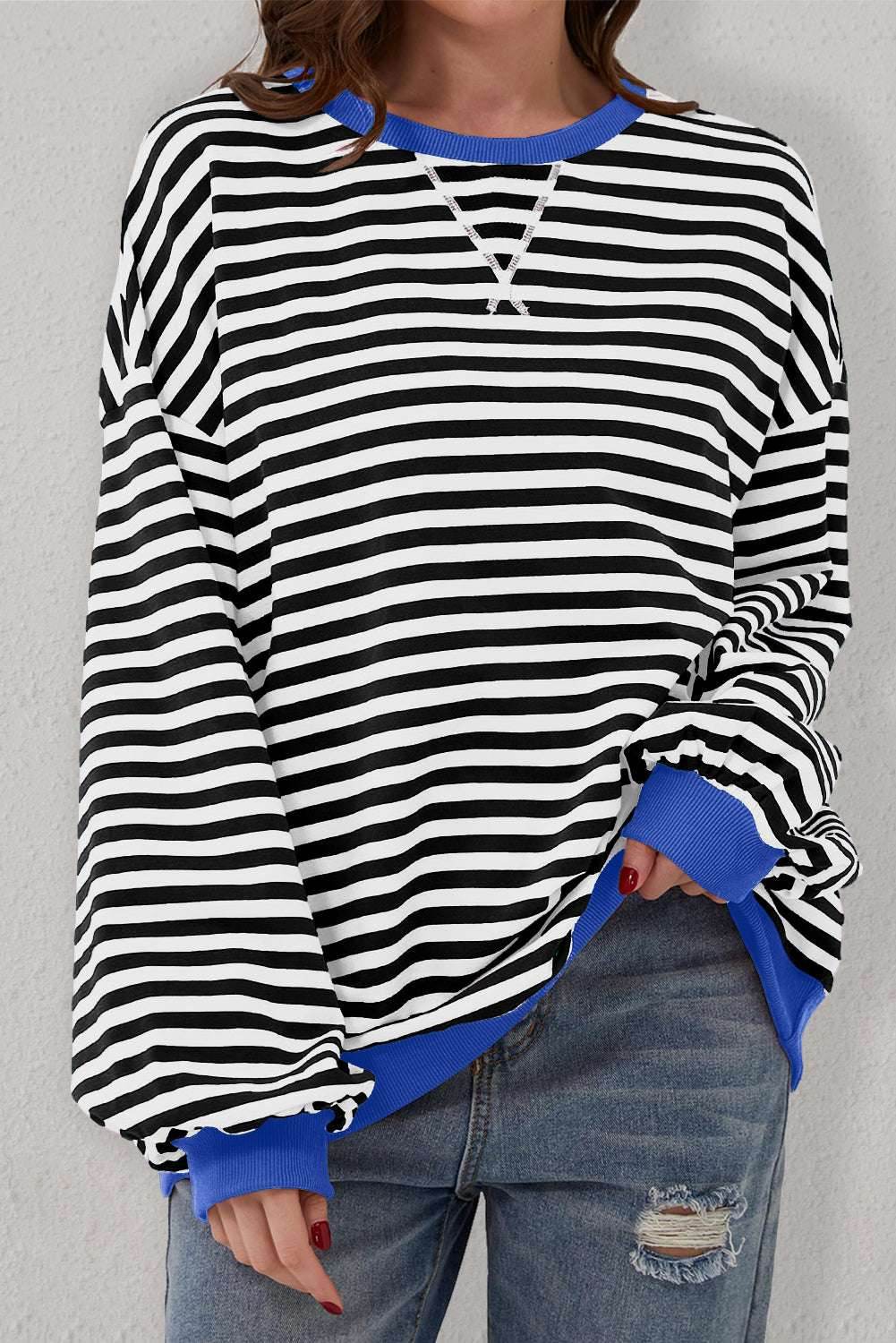 Black Stripe Oversized Contrast Trim Pullover Sweatshirt - VacationGrabs