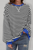 Black Stripe Oversized Contrast Trim Pullover Sweatshirt - VacationGrabs