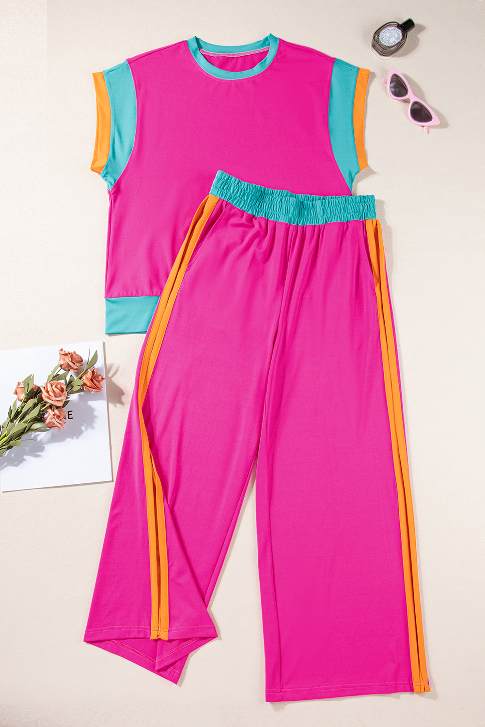 Colorblock Short Sleeve Top & Wide Leg Pants Set